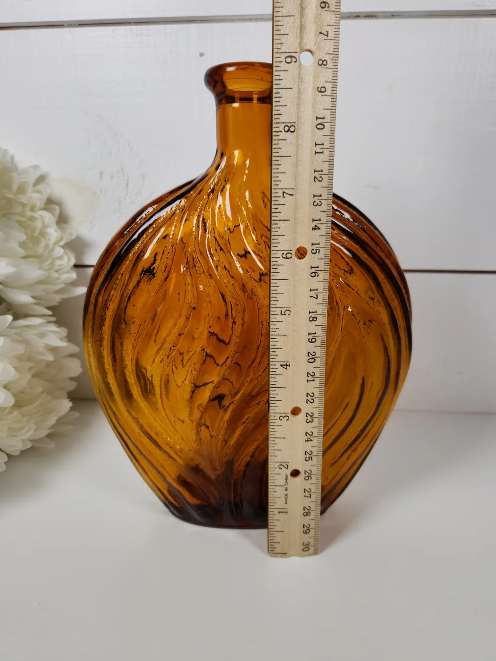 Vintage Amber Glass Textured Swirl Bottle | Mid Century Modern Art Vase | MCM
